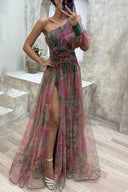 Elena | One Shoulder Floral Maxi Dress – Long Sleeve Split Evening Occasion