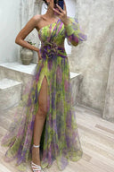 Elena | One Shoulder Floral Maxi Dress – Long Sleeve Split Evening Occasion
