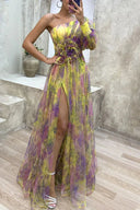 Elena | One Shoulder Floral Maxi Dress – Long Sleeve Split Evening Occasion