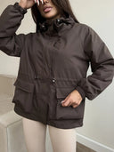 Eleni | Hooded Utility Jacket – Casual Drawstring Waist Long Sleeve Pockets
