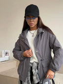 Eleni | Hooded Utility Jacket – Casual Drawstring Waist Long Sleeve Pockets