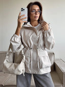 Eleni | Hooded Utility Jacket – Casual Drawstring Waist Long Sleeve Pockets