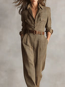 Eliana | Plaid Jumpsuit – Work Collared Belted Button Front Long Sleeve