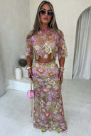 Elina | Floral Embroidered Sequin Set – Sheer Crop Top Maxi Skirt Summer Party