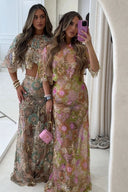 Elina | Floral Embroidered Sequin Set – Sheer Crop Top Maxi Skirt Summer Party