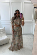 Elina | Floral Embroidered Sequin Set – Sheer Crop Top Maxi Skirt Summer Party