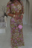 Elina | Floral Embroidered Sequin Set – Sheer Crop Top Maxi Skirt Summer Party