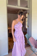 Eliza | Pleated Halter Maxi – Ruffle Cascade Wedding Guest Occasion Dress
