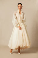 Ellery | Puff Sleeve Maxi Dress – Deep V Neck Gathered Waist Wedding Guest