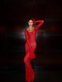 Elodie | Crochet Knit Maxi – Scoop Neck Long Sleeve Sheer Flare Summer Dress