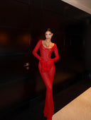 Elodie | Crochet Knit Maxi – Scoop Neck Long Sleeve Sheer Flare Summer Dress