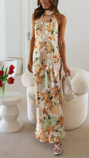 Ember | Floral Halter Neck Maxi – Gathered High Neck Backless Wedding Guest Dress