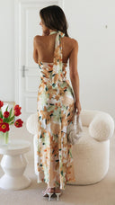 Ember | Floral Halter Neck Maxi – Gathered High Neck Backless Wedding Guest Dress