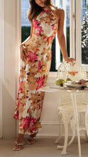 Ember | Floral Halter Neck Maxi – Gathered High Neck Backless Wedding Guest Dress