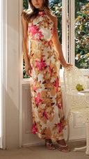 Ember | Floral Halter Neck Maxi – Gathered High Neck Backless Wedding Guest Dress