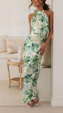 Ember | Floral Halter Neck Maxi – Gathered High Neck Backless Wedding Guest Dress