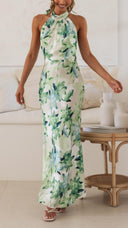 Ember | Floral Halter Neck Maxi – Gathered High Neck Backless Wedding Guest Dress