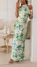 Ember | Floral Halter Neck Maxi – Gathered High Neck Backless Wedding Guest Dress