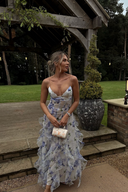 Emberly | Floral Spaghetti Strap Maxi – Corset Bodice Ruffle Skirt Wedding Guest Dress