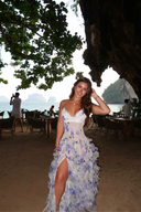 Emberly | Floral Spaghetti Strap Maxi – Corset Bodice Ruffle Skirt Wedding Guest Dress