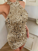 Emelia | Sequin Mini Dress – Evening Halter Neck Sleeveless Open Back