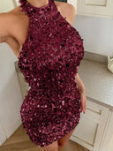 Emelia | Sequin Mini Dress – Evening Halter Neck Sleeveless Open Back