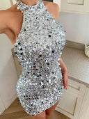 Emelia | Sequin Mini Dress – Evening Halter Neck Sleeveless Open Back