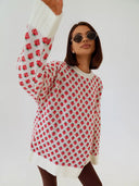 Emery | Strawberry Knit Sweater – Crew Neck Long Sleeve Ribbed Trim Everyday