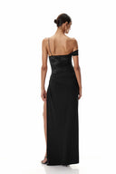 Emily | Lace Bodice Off Shoulder Maxi – Draped Bodycon Evening Occasion Dress