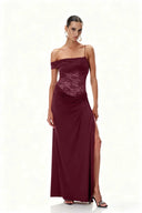 Emily | Lace Bodice Off Shoulder Maxi – Draped Bodycon Evening Occasion Dress