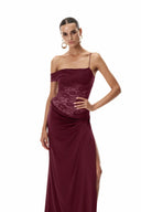 Emily | Lace Bodice Off Shoulder Maxi – Draped Bodycon Evening Occasion Dress