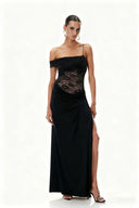 Emily | Lace Bodice Off Shoulder Maxi – Draped Bodycon Evening Occasion Dress
