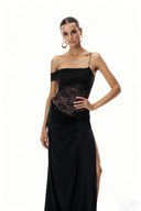 Emily | Lace Bodice Off Shoulder Maxi – Draped Bodycon Evening Occasion Dress