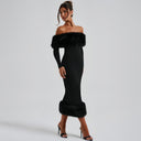 Emory | Plush Trim Midi Dress – Evening Off Shoulder Long Sleeve Banded Hem