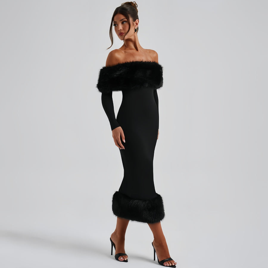 Emory | Plush Trim Midi Dress – Evening Off Shoulder Long Sleeve Banded Hem