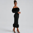 Emory | Plush Trim Midi Dress – Evening Off Shoulder Long Sleeve Banded Hem