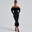 Emory | Plush Trim Midi Dress – Evening Off Shoulder Long Sleeve Banded Hem