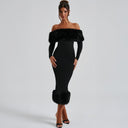 Emory | Plush Trim Midi Dress – Evening Off Shoulder Long Sleeve Banded Hem