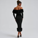 Emory | Plush Trim Midi Dress – Evening Off Shoulder Long Sleeve Banded Hem