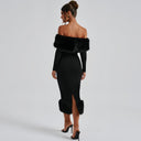 Emory | Plush Trim Midi Dress – Evening Off Shoulder Long Sleeve Banded Hem