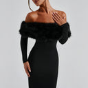 Emory | Plush Trim Midi Dress – Evening Off Shoulder Long Sleeve Banded Hem