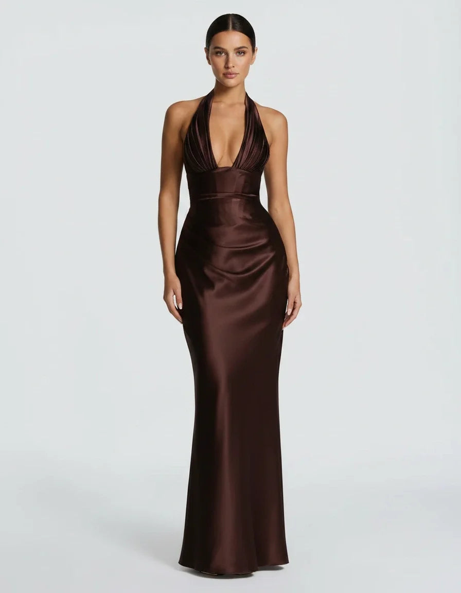 Endellion | Satin Halter Maxi Dress – Evening Plunge Neck Draped Bust Floor Length