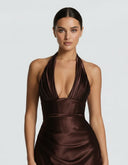 Endellion | Satin Halter Maxi Dress – Evening Plunge Neck Draped Bust Floor Length