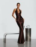 Endellion | Satin Halter Maxi Dress – Evening Plunge Neck Draped Bust Floor Length