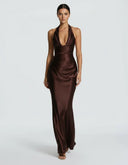 Endellion | Satin Halter Maxi Dress – Evening Plunge Neck Draped Bust Floor Length