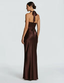 Endellion | Satin Halter Maxi Dress – Evening Plunge Neck Draped Bust Floor Length