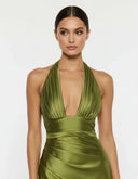 Endellion | Satin Halter Maxi Dress – Evening Plunge Neck Draped Bust Floor Length