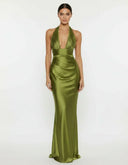 Endellion | Satin Halter Maxi Dress – Evening Plunge Neck Draped Bust Floor Length