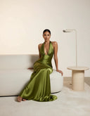 Endellion | Satin Halter Maxi Dress – Evening Plunge Neck Draped Bust Floor Length