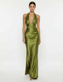 Endellion | Satin Halter Maxi Dress – Evening Plunge Neck Draped Bust Floor Length